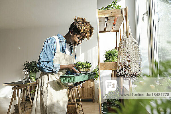 Smiling woman arranging plants in container at home