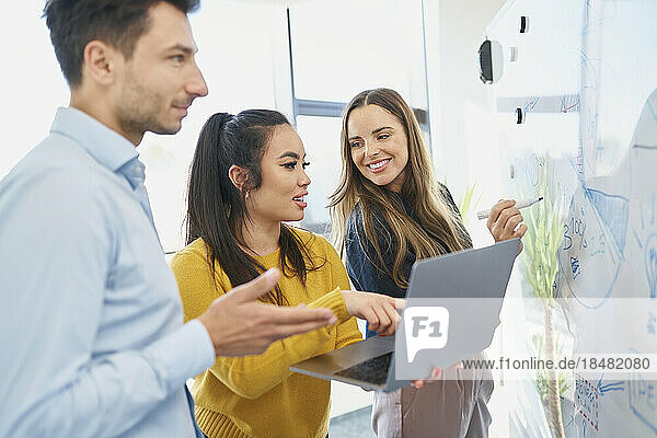 Businesswoman with laptop in brainstorming session with colleagues at office