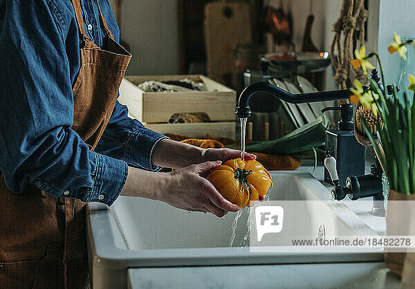 Woman washing tomato under faucet in kitchen