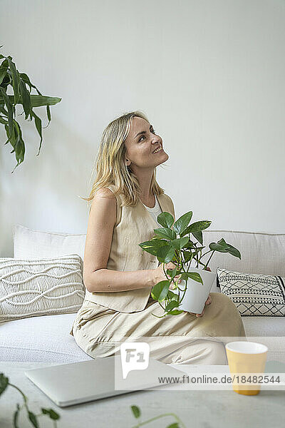 Lächelnde Frau mit Topfpflanze sitzt auf dem Sofa