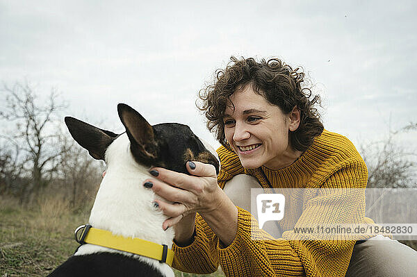 Happy woman wearing sweater petting dog