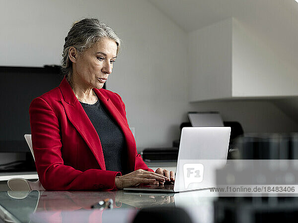 Ältere Geschäftsfrau arbeitet im Büro am Laptop