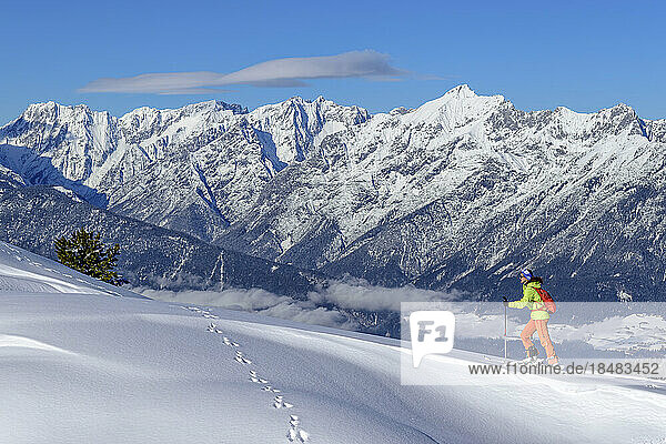 Österreich  Tirol  Skifahrerin steigt schneebedeckten Hang in den Tuxer Alpen hinauf