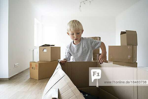 Boy opening cardboard box at home