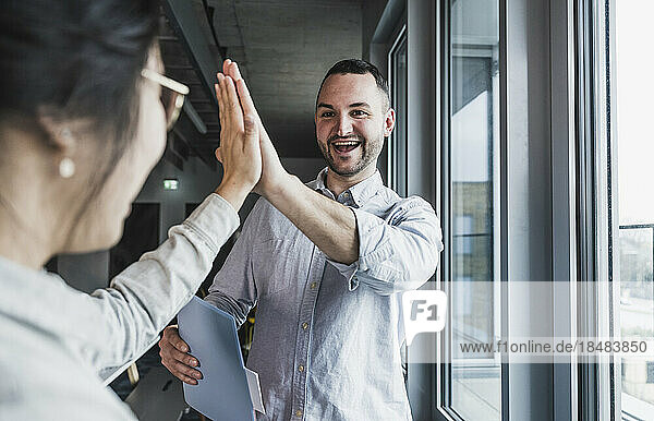 Happy businessman giving high-five to colleague at office