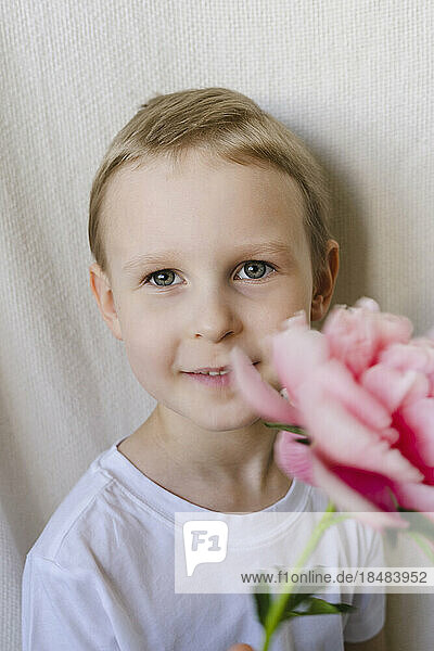 Cute boy holding pink flower