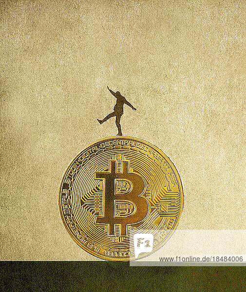 Illustration eines Mannes  der auf einem großen Bitcoin balanciert