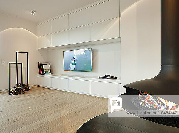Interior of modern living room with television set and fireplace at home