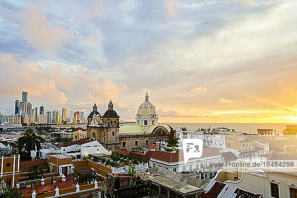 Aerial view of buildings in Cartagena city at sunset  Cartagena de Indias  Colombia