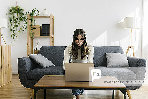 Glückliche junge Frau sitzt mit Laptop auf dem Sofa im Wohnzimmer