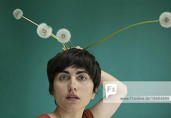 Woman holding dandelions behind head against green background
