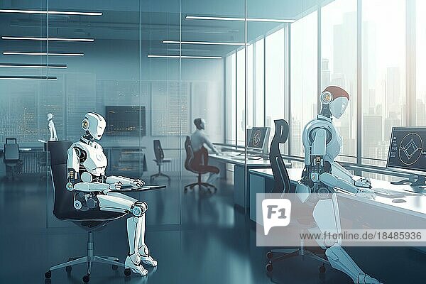 Ein modernes Büro in dem AI Roboter die Arbeit erledigen  weiße Roboter am Schreibtisch vor Monitoren  AI generiert