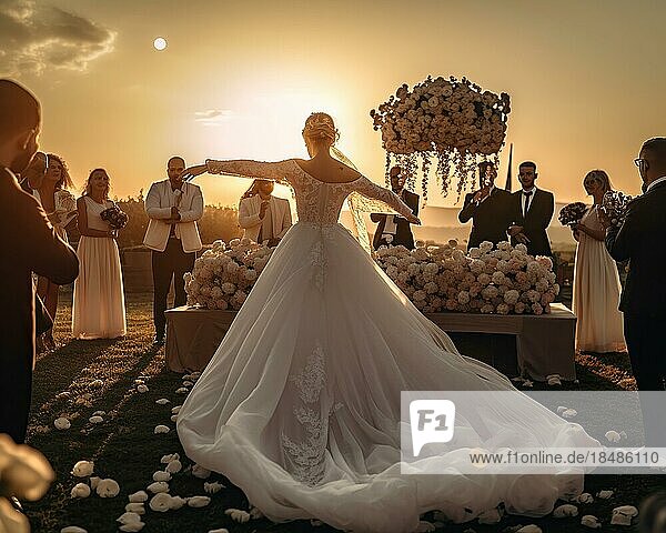 Eine glückliche Braut im weißen Brautkleid tanzt zwischen Blumengestecken im warmen Abendlicht  hinten fröhliche Hochzeitsgesellschaft  AI generiert