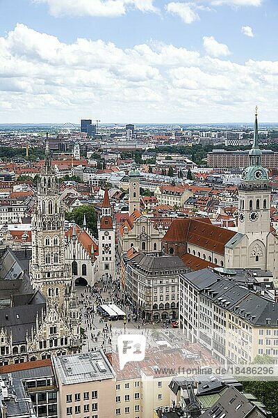 View over Munich  Marienplatz with Old and New Town Hall  Holy Spirit Church and St. Peters Church  Munich  Bavaria  Germany  Europe