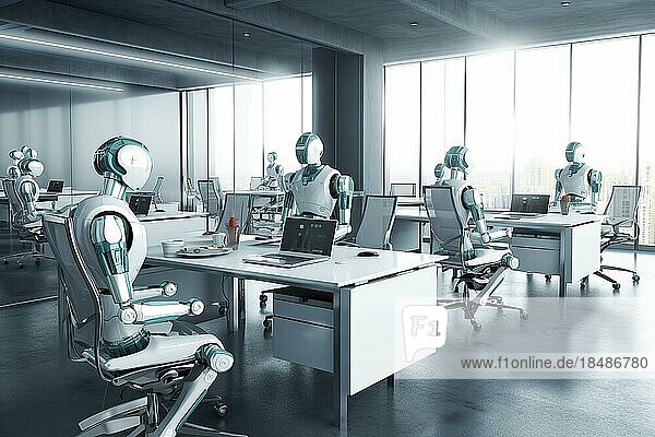 Ein futuristisches  modernes Büro in dem AI Roboter die Arbeit erledigen  weiße Roboter am Schreibtisch vor Monitoren  AI generiert