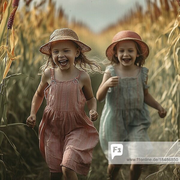 Laughing children running through a field in bright sunshine  Ai generated