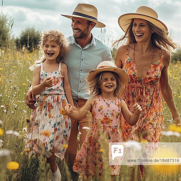 Lachende Familie  die bei strahlendem Sonnenschein durch ein Feld läuft  Ai erzeugt