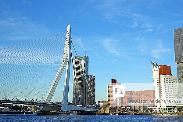 Futuristic skyscrapers and part of the Erasmus Bridge  Ersamusbrug  Rotterdam  South Holland  Netherlands