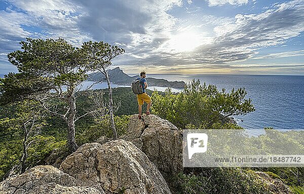 Hikers on rocks  view of mountains and coast with sea  in the evening light  hiking to La Trapa from Sant Elm  in the back island Sa Dragonera  Serra de Tramuntana  Majorca  Spain  Europe