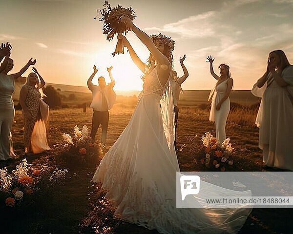 Eine glückliche Braut wirft den Brautstrauß  Warmes Abendlicht  hinten fröhliche Hochzeitsgesellschaft  AI generiert