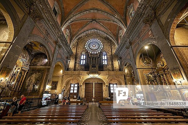 Interior view of the church Parroquia de Sant Bartomeu de Sóller  with organ and round window  Soller  Majorca  Spain  Europe