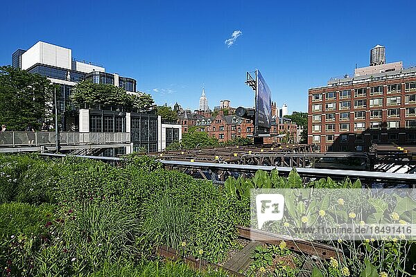 Blick über alte Eisenbahnschienen am Highline Trail  Hudson Yards  The Edge-Building  Manhattan  New York City  USA  Nordamerika