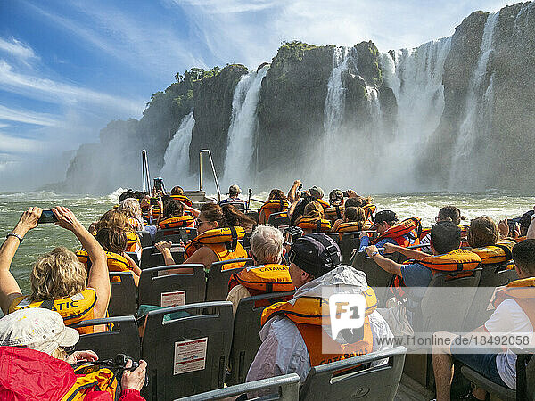 A view of the boat ride from the lower circuit at Iguazu Falls  UNESCO World Heritage Site  Misiones Province  Argentina  South America