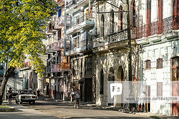 Typische Straße mit alten Gittern und Balkonen im spanischen Stil  Alt-Havanna  Kuba  Westindien  Karibik  Mittelamerika