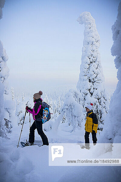 Cheerful mother with son snowshoeing in the frozen forest  Oulanka National Park  Ruka Kuusamo  Lapland  Finland  Europe