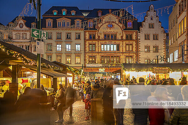 View of Christmas Market in Domplatz  Mainz  Rhineland-Palatinate  Germany  Europe