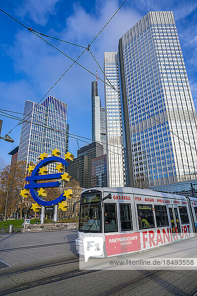 View of financial district skyline  city tram and the Euro Sculpture  Willy Brandt Platz  Frankfurt am Main  Hesse  Germany  Europe