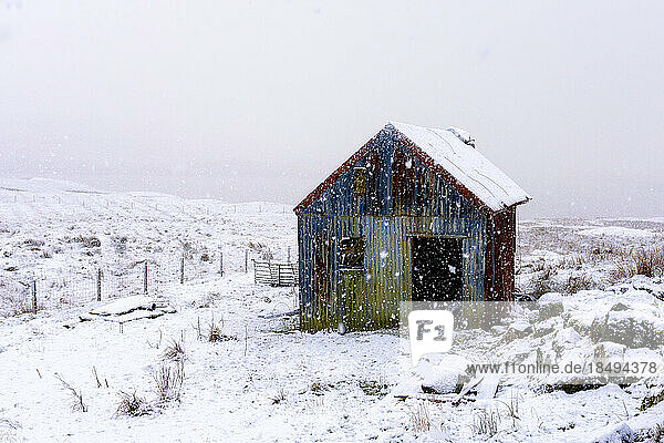 Ein alter verlassener Schuppen an einem verschneiten Wintertag  Isle of Harris  Äußere Hebriden  Schottland  Vereinigtes Königreich  Europa