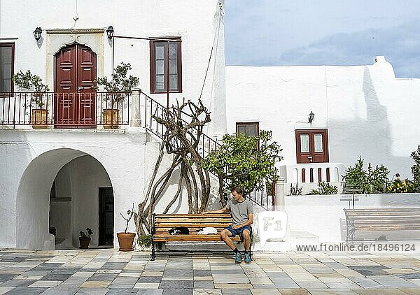 Young man sitting on a bench with sleeping cats  Cycladic white houses  Panagia Tourliani Monastery  Ano Mera  Mykonos  Cyclades  Greece  Europe