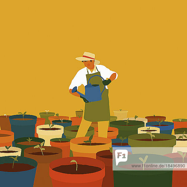 Man watering lots of seedlings in pots