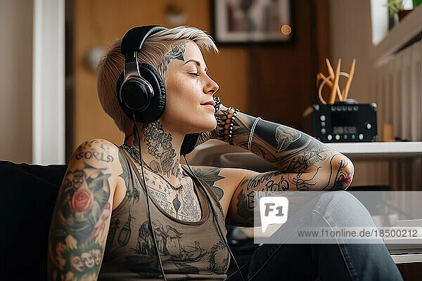 contemporary tattooed woman listening to music at home. Generative AI