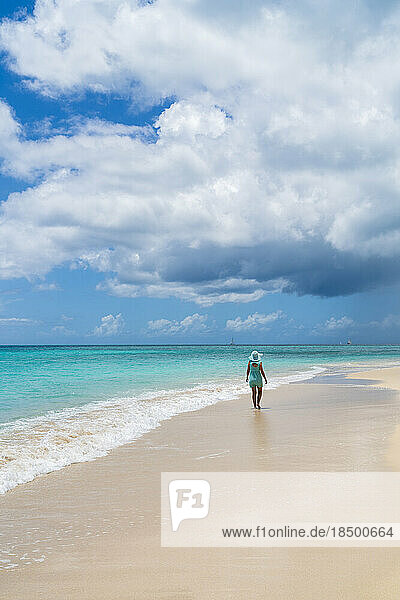 Rear view of woman walking seaside on white sand beach  Caribbean