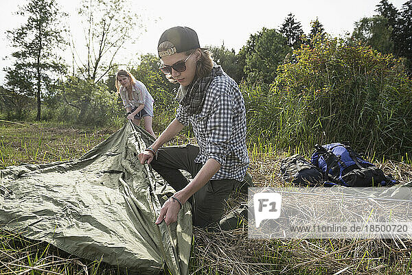 Young couple setting up tent in a forest  Bavaria  Germany