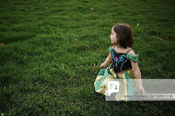 A small girl in a princess costume sits alone in a grassy field