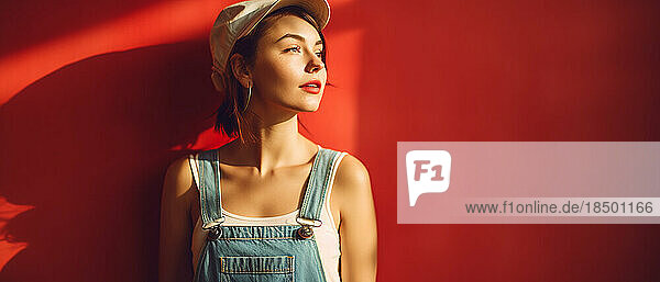 Woman agaist red wall on light blue dungarees