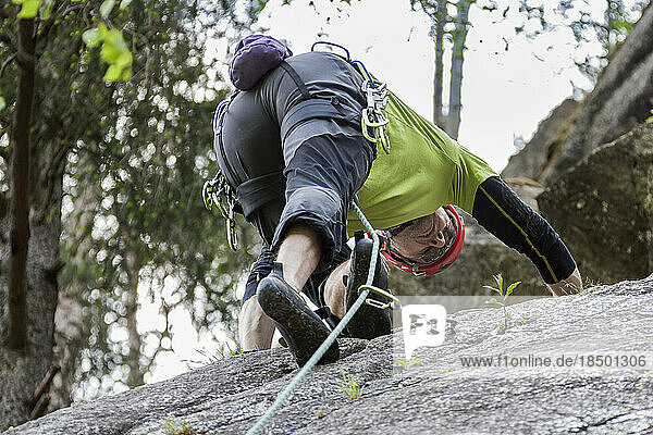 Male rock climber scaling a rock face at Oberried climbing garden  Otztal  Tyrol  Austria
