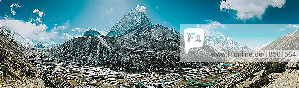 Panoramic view of the mountain Ama Dablam and Dingboche