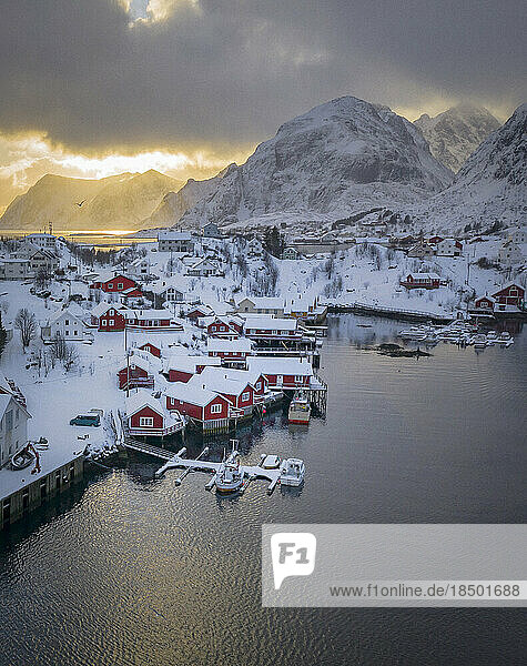 Red Houses and beautiful mountains in Stunning Norway