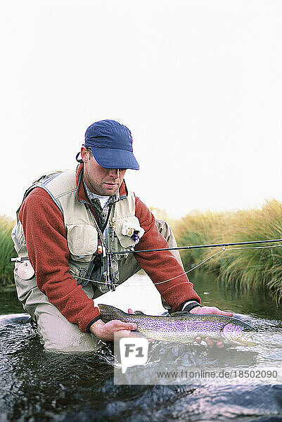 A fly-fisherman holds a trophy rainbow trout.