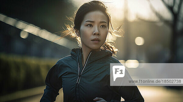 Image Generated AI. Asian female running on the street in the morning