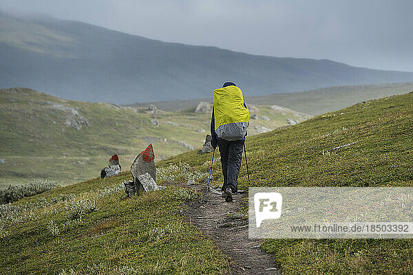 Female hiking on trail of Pandelantaleden - Padjelanta Trail  Sweden