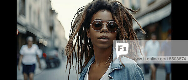 Afro american woman wearing sunglasses standing in the street