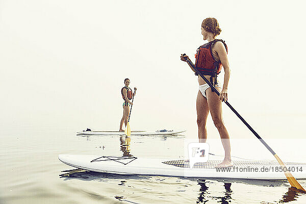 Two female friends standup paddle boarding on an early foggy morning