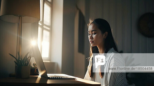 Image Generated AI. Young female studying on computer
