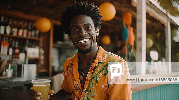 Image Generated AI. Happy afro man drinking a cocktail