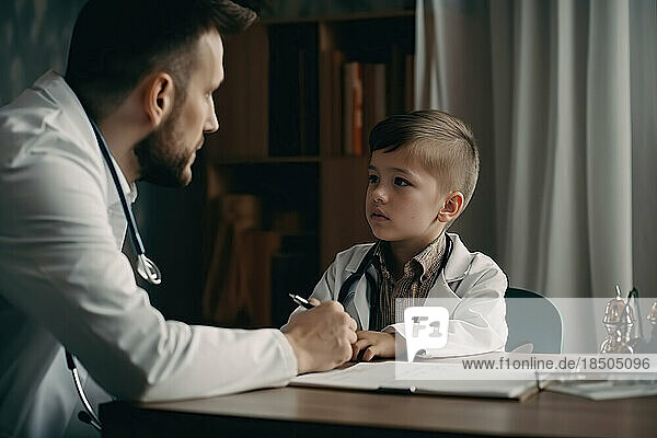 Father doctor teaching his son the work of a doctor